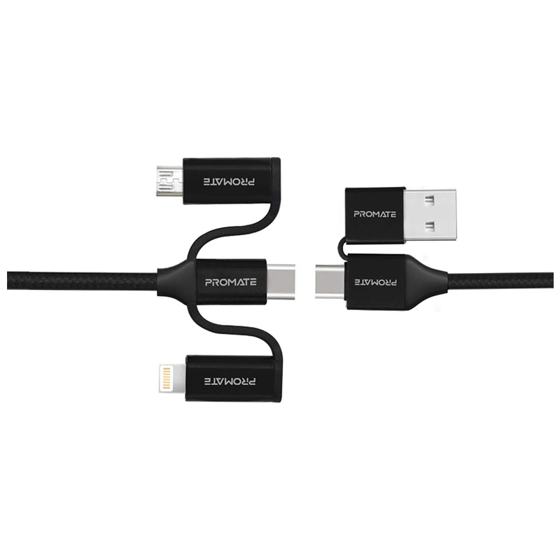 Promate 6-in-1 hybrid multi-connector cable for charging and data transfer - PentaPower.black